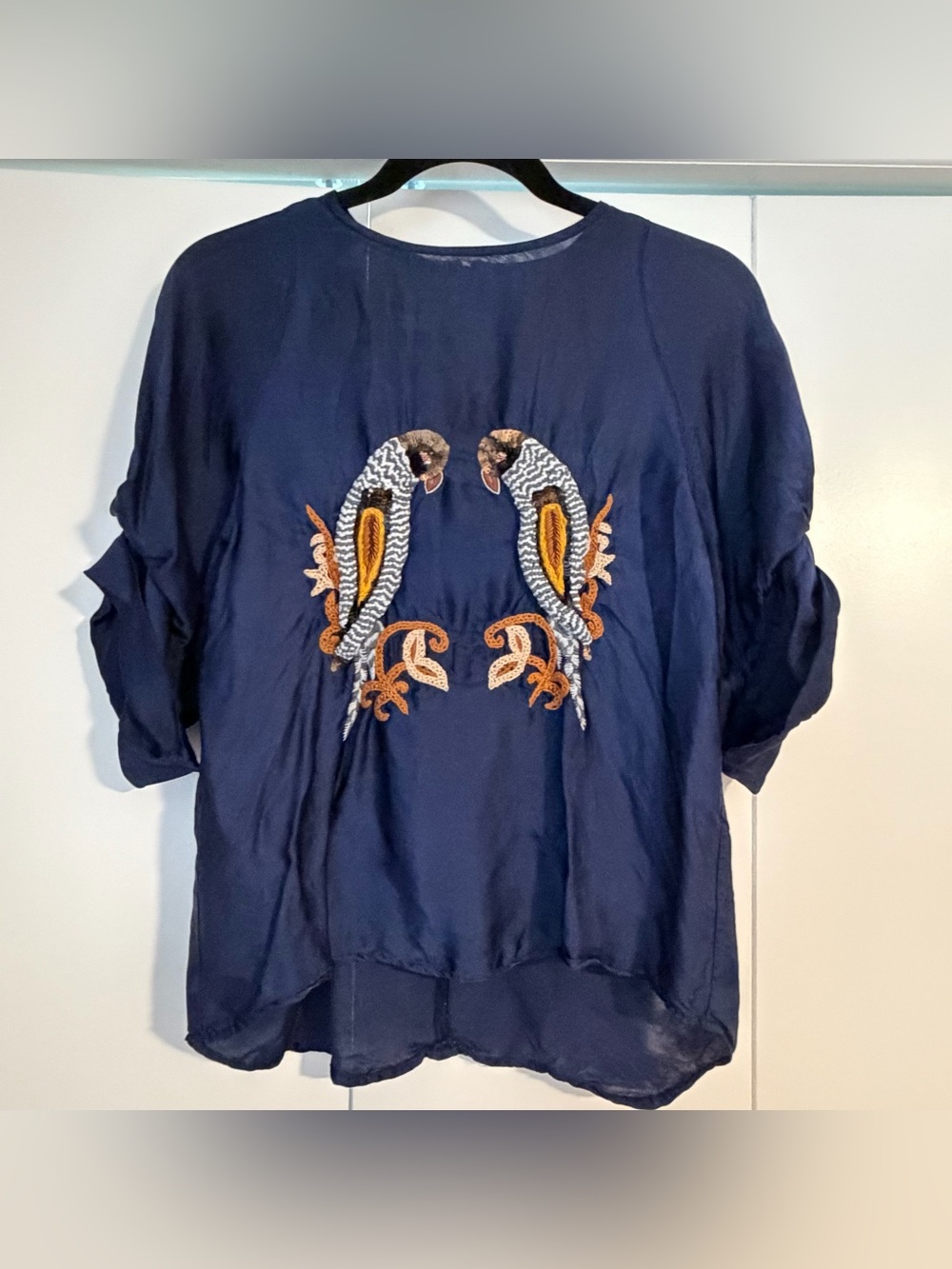 KOCH USA Navy Blue Silk Bird Embroidered Puff Sleeve Top Small⁠